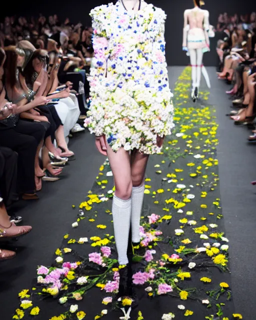 Image similar to olivia wearing an outfit made from flowers, catwalking at new york fashion week, attractive sporty physique, lush black hair, freckles, pale skin, photo by greg rutkowski, stage lighting, soft colors, female beauty, intricate detail, elegance, 3 5 mm, depth of field, masterpiece