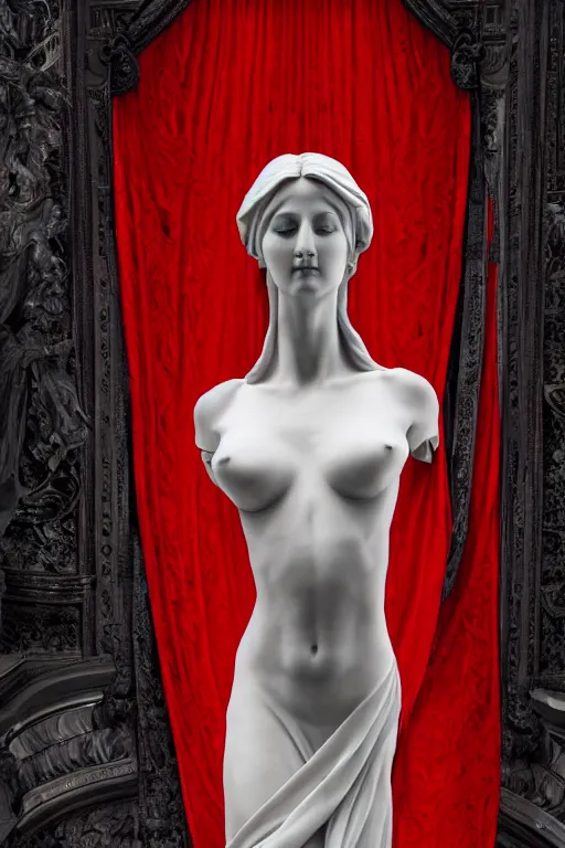 Image similar to the unknown maiden partially covered by a red silk wrapped veil, statue made with embossed polished black marble, sculpted by hedi xandt and bernini, epic and cinematic view, volummetric light, intricate, detailed, 8 k