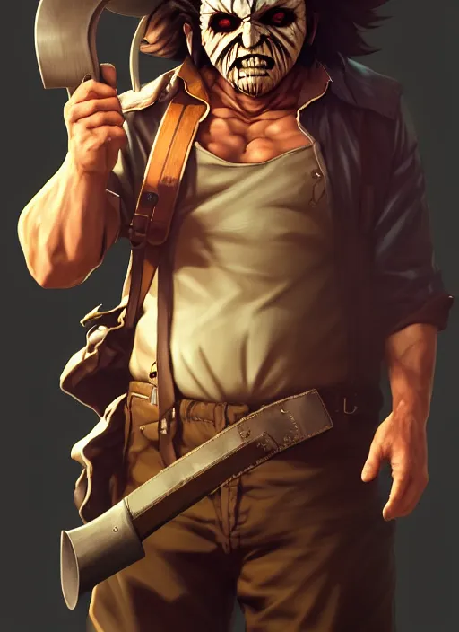 Image similar to leatherface, wide angle view, tan and black color scheme, highly detailed, artgerm, cushart krenz, king of fighters style, trending on artstation, soft light, sharp focus, illustration, character design, concept art