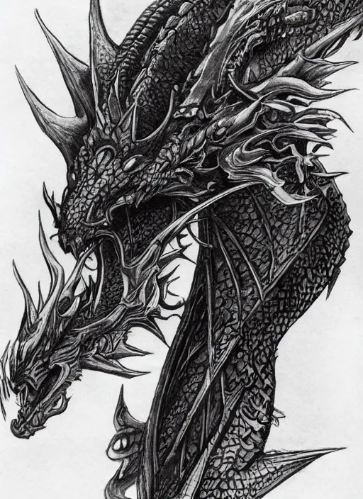 Image similar to highly detailed picture of great dragon, sketch tattoo, dark, black theme, japan style, highly detailed, masterpiece, trending on artstation, golden ratio, cinematic romantic magical, perfect intricate