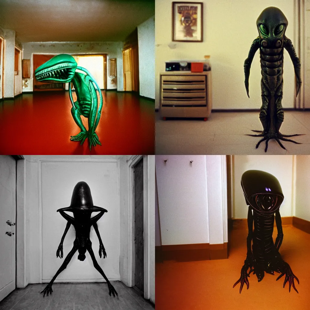 Prompt: alien creature in a soviet apartment, 1 9 8 0 s photo, cinestill 8 0 0 t 3 5 mm, camera flash