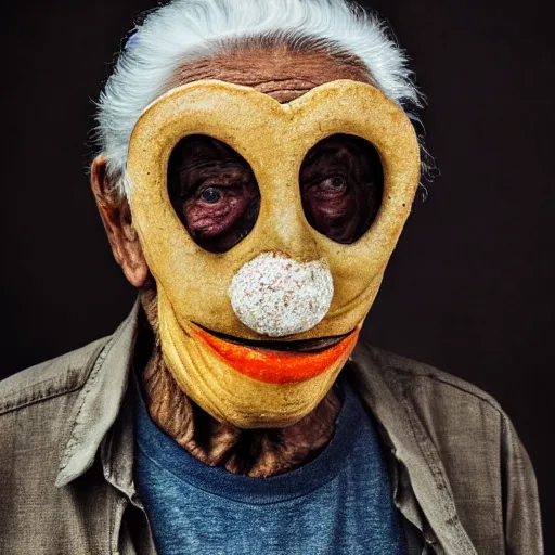 Prompt: an elderly man wearing a mask made from a doughnut, bold natural colors, national geographic photography, masterpiece, 8 k, raw, unedited, symmetrical balance