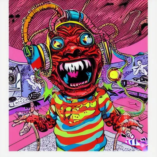 Prompt: todd mcfarlane art, artgerm, psychedelic laughing demon, rocking out, headphones dj rave, digital artwork, r. crumb, svg vector