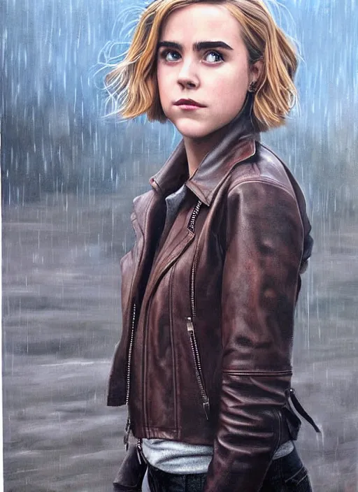 Image similar to portrait of kiernan shipka in the rain wearing a leather jacket, hyperrealistic, very detailed painting mark brooks