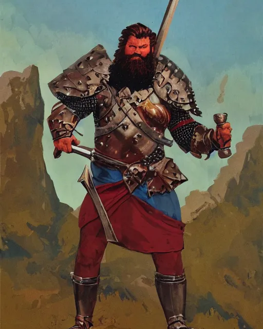 Image similar to hardwon surefoot, hirsute epic level dnd human fighter, wielding the godshammer, a magical war hammer, wearing magical armor. thick quads. full character concept art, realistic, high detail digital gouache painting by angus mcbride and michael whelan.