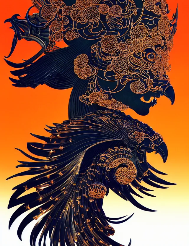 Image similar to 3 d goddess close - up profile portrait biomechanics with ram skull. beautiful intricately detailed japanese crow kitsune mask and clasical japanese kimono. betta fish, jellyfish phoenix, bio luminescent, plasma, ice, water, wind, creature, artwork by tooth wu and wlop and beeple and greg rutkowski. gold black teal and orange color scheme