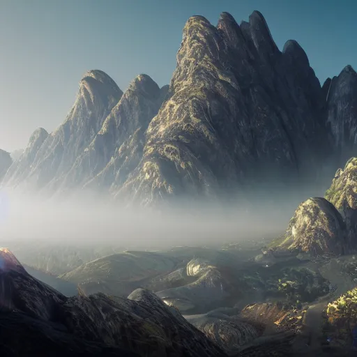 Image similar to misty mountain with few buildings on it, futuristic, hyper realistic, trending on artstation, highly detailed, 8K IMAX, beautiful, digital art, unreal engine 5