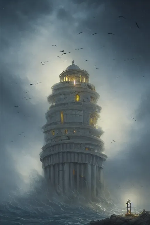 Prompt: Detailed Exterior Shot of Stormy!!! Lighthouse of Alexandria, light of sin, moonlight shafts, flock of birds, night atmosphere, in Style of Peter Mohrbacher, cinematic lighting