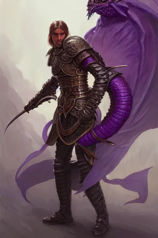 Prompt: male fighter wearing a full plate armor fighting a giant d&d purple worm, fantasy, amber eyes, face, long hair, intricate, elegant, highly detailed, digital painting, artstation, concept art, smooth, sharp focus, illustration, art by artgerm and greg rutkowski and alphonse mucha