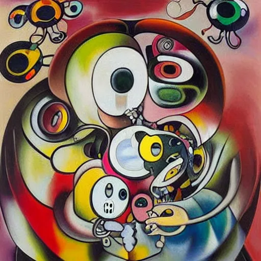 Image similar to Oil painting by Roberto Matta. Strange mechanical beings kissing. Portrait by Takashi Murakami.