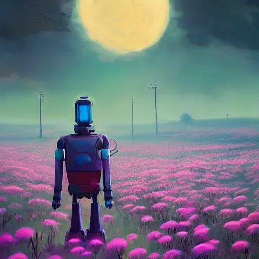 Image similar to sentinel robot picking up flower surreal photography, dark night, stars, moon light, impressionist painting, clouds, digital painting, artstation, simon stalenhag