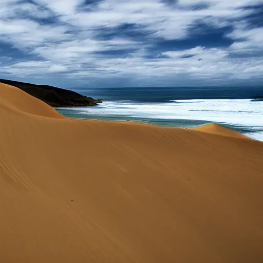 Prompt: sandboarding sandhills and seascape hokianga, cinematic composition, wide shot, digital art