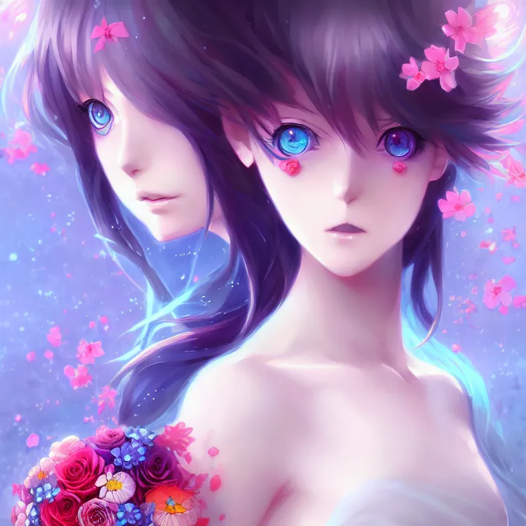 Image similar to stunning anime girl + blue eyes + flowers + colorful atoms, misty, mixed media art by cgsociety, 8 k, high resolution, in the style of charlie bowater, tom bagshaw, symmetrical, insanely detailed and intricate, beautiful, elegant, cinematic,, artstation