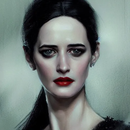 Prompt: eva green as yennifer from witcher, portrait, painted by greg rutkowski