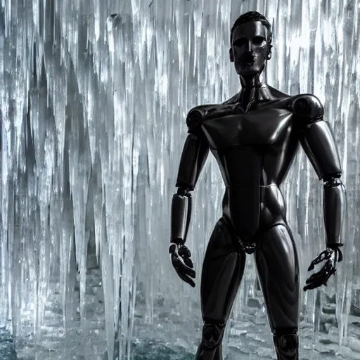 Image similar to made of ice, a realistic detailed photo of a guy who is an attractive humanoid who is half robot and half humanoid, who is a male android, on display, blank stare, showing off his muscles, shiny skin, posing like a statue, by the pool, frozen ice statue, twitch streamer / gamer ludwig, humanoid robot