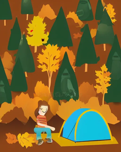 Image similar to autumn hillside boy with camping bag illustration light color