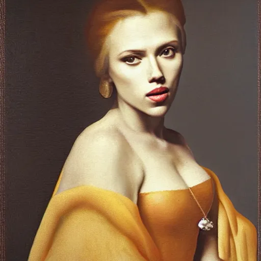 Image similar to A portrait of Scarlett Johansson painted by Johannes Vermeer