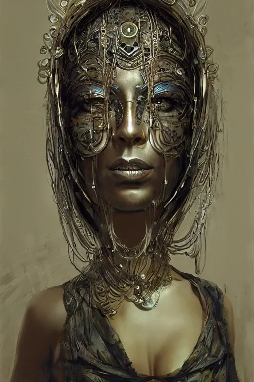 Prompt: portrait, headshot, digital painting, an beautiful techno - shaman lady in carved metal mask, realistic, hyperdetailed, chiaroscuro, concept art, art by john berkey