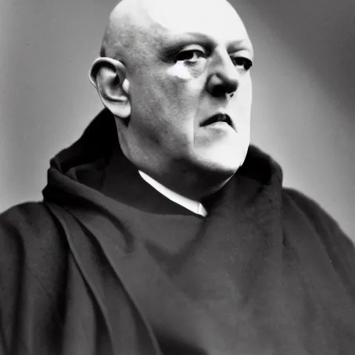 Prompt: aleister crowley wearing a dark hooded cloak