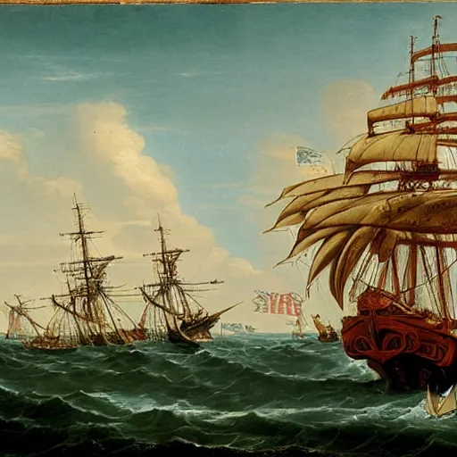 Image similar to a giant octopus with tentacles wrapped around a spanish galleon, by george philip reinagle