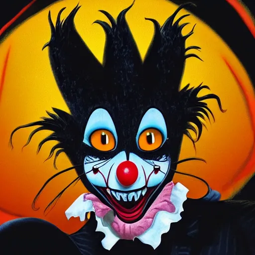 Image similar to A extremely highly detailed majestic hi-res beautiful, highly detailed head and shoulders portrait of a scary creepy black cartoon clown cat in eraserhead with scary big eyes, in the style of Walt Disney animation