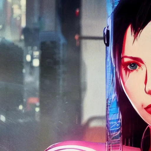 Image similar to a beautiful medium - shot still of scarlett johansson as the major motoko kusanagi from ghost in the shell, cyberpunk style, looking off into the distance, motoko kusanagi hair style, black hairs, ultra realistic, soft, blue hour, soft neons light from night city falling on her face. focus on her eyes and brows. by annie leibowitz