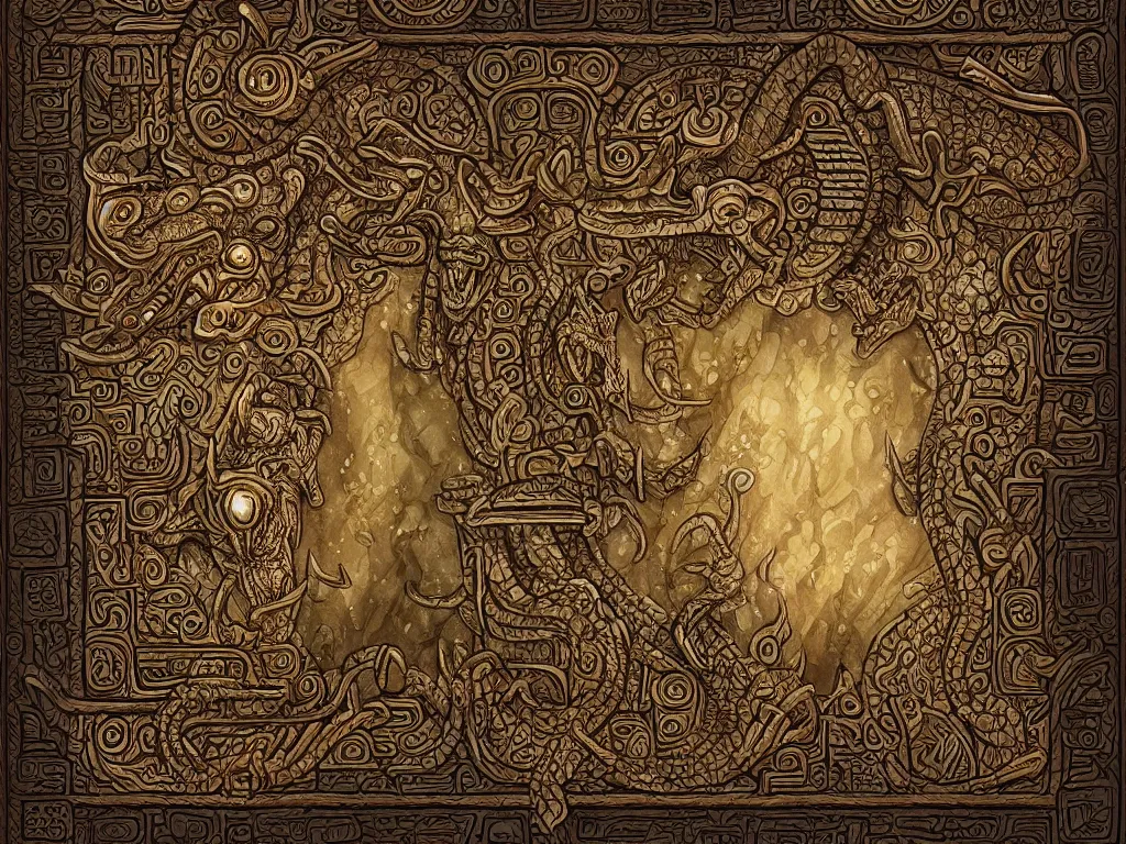 Image similar to mayan book decorative border frame, crocodile illuminations, d & d, fantasy, intricate, elegant, highly detailed, digital painting, artstation, illustration, hearthstone