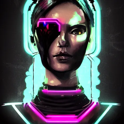 Image similar to headshot digital artwork of cyberpunk woman wearing thick black choker around neck, collar on neck, realistic, artstation, punk woman, cyberpunk style, neon,