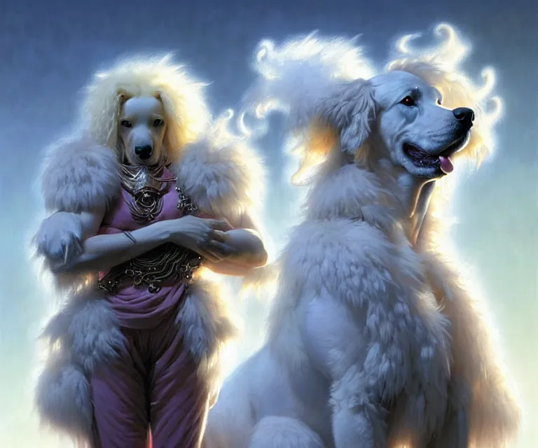 Image similar to beautiful fantasy character portrait of a maremma dog, extra fluffy fur, ultra realistic, dramatic lighting, the fifth element artifacts, highly detailed by peter mohrbacher, hajime sorayama, wayne barlowe, boris vallejo, aaron horkey, gaston bussiere, craig mullins