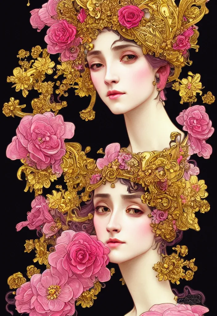 Prompt: beautiful black pink yellow, complicated gold and pink flowers in baroque style headwears, dark fantasy, intricate, elegant, highly detailed, digital painting, artstation, concept art, matte, 3 d 8 k octane rendered, sharp focus, illustration, octane rendered, art by artgerm and alphonse mucha, leesha hannigan