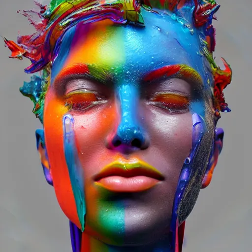 Image similar to a beautiful intricate 3D render of colorful acrylic paint dripping down the face of a humanoid by zach sutton, perfection!, studio lighting, 50mm lens, 3d render, octane render, deep depth of field, artstationHQ, 8K