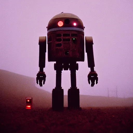 Image similar to the liminal observer droid by dennis mejillones, in a brutalist yet rural landscape by simon stalenhag, 3 5 mm film photography, dawn, eerie fog