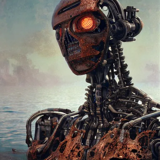 Image similar to a photograph of a robot endoskeleton augmented with a humanoid nervous system submerged and rusted in the water, cinematic, volumetric lighting, f 8 aperture, cinematic eastman 5 3 8 4 film, photorealistic by greg rutkowski, by stanley artgerm, by alphonse mucha