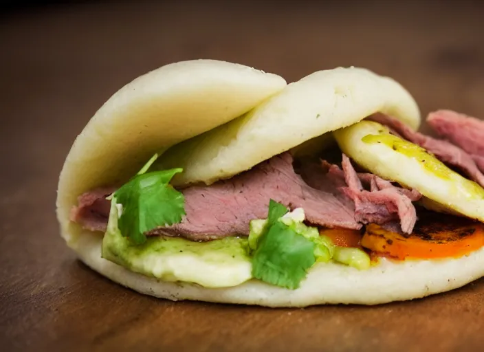 Prompt: dslr food photograph an arepa filled with sliced meat 8 5 mm f 1. 8