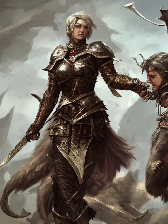 Image similar to a beautiful hyper realistic detailed epic concept art showing a noble knight women with her fist up and her spirit raccoon gradian protecting her, in the style of dragon age, featured on artstation