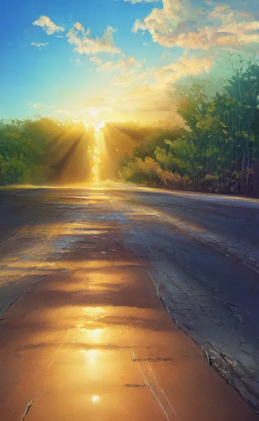 Prompt: paperback book cover. oil painting. pure colors, melting clouds, accurately drawn details, a sunburst above a receding road with the light reflected in furrows and ruts, after rain. photorealistic. octane render. cinematic. trending on artstation. textless.