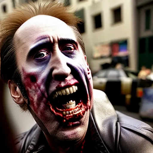 Image similar to uhd candid photo of zombie nicholas cage ranting maniacally on skid row. correct face, intricate details, hyperdetailed, accurate face. photo by annie leibowitz