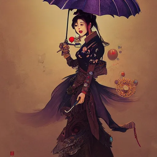 Prompt: steampunk Chinese lady with umbrella, detailed, digital painting, concept art, smooth, sharp focus, illustration, art by Sam Spratt, Dan Mumford, Artem Demura and Alphonse Mucha