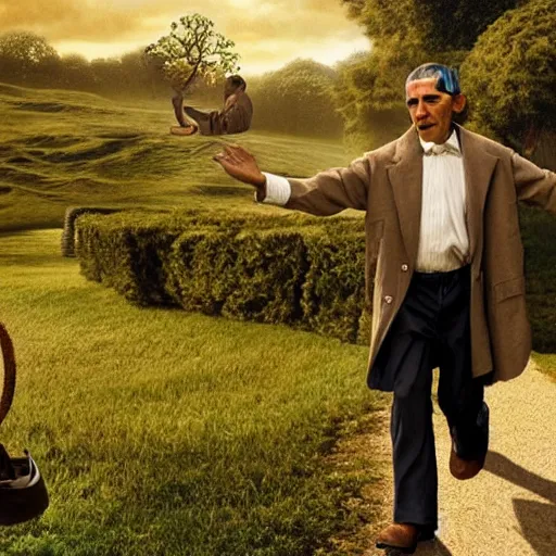 Prompt: barrack obama as bilbo baggins in the shire in the lord of the rings, ultra realistic, cinematic lighting, 3 d