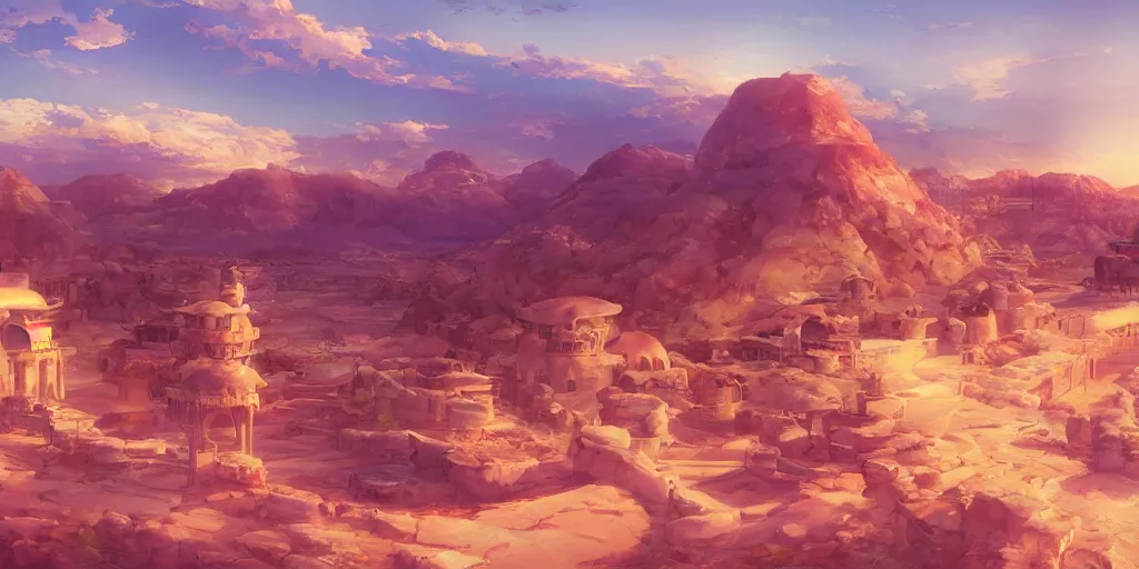 Image similar to a stunning desert landscape with an arabian palace on the horizon by makoto shinkai