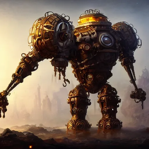 Image similar to a Steam powered mechanical golem, forward facing angle, concept art, character design, stunning 3d render , art by Tooth Wu and justin gerard and Blizzard studios, 8k octane beautifully detailed render, post-processing, extremely hyperdetailed, intricate complexity, epic composition, grim yet sparkling atmosphere, masterpiece, trending on artstation