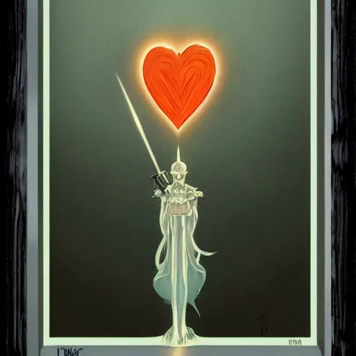 Image similar to a heart and dagger tarot card, monocrome icon stylized minimalist by cory loftis and esper ejsing and zdzisław beksinski and norman rockwell and greg rutkowski weta studio and lucasfilm full body framed shot - c 1 0