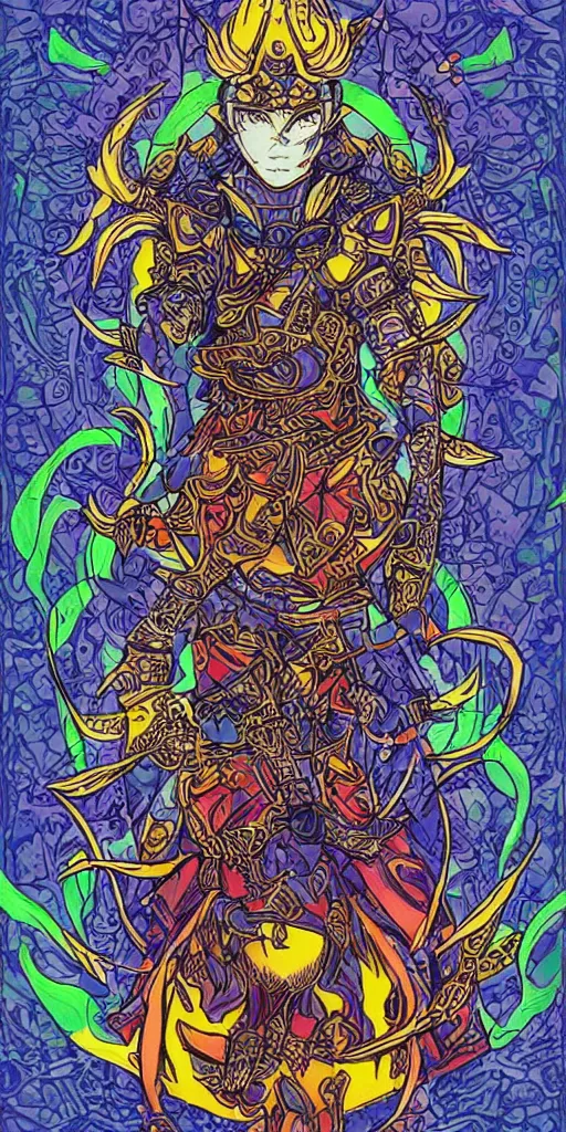 Image similar to a ninja from final fantasy 14, intricate, amazing line work, cosmic, psychedelic, cheerful, colorful, tarot cards, the devil tarot card