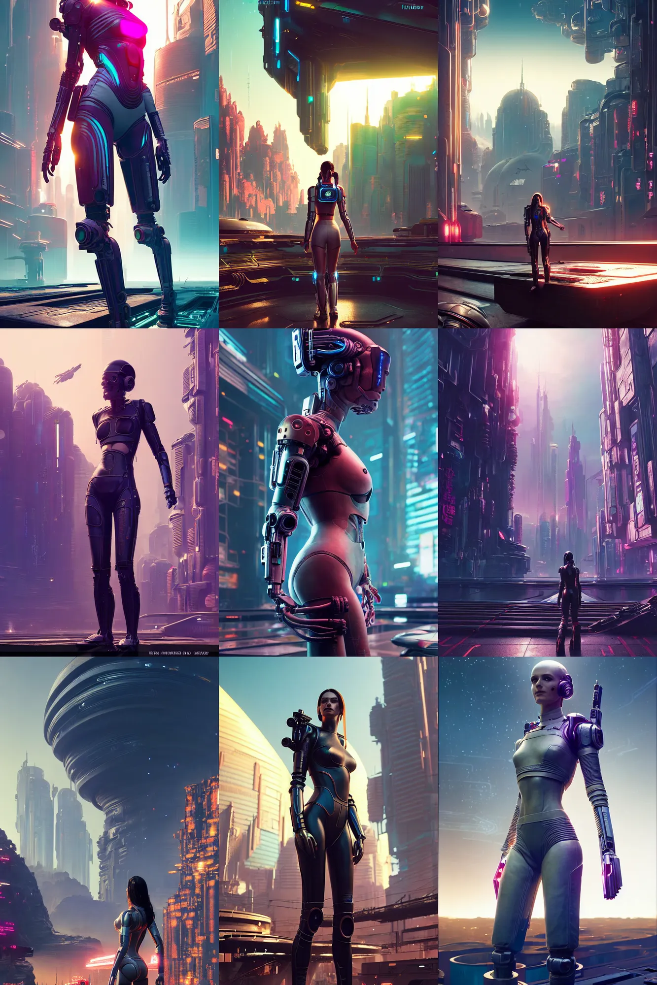 Prompt: wanderer, beautiful female android!, intricate detailed environment, photorealistic!, octane render, mechanical, concept art, cinematic lighting, digital art, interstellar, hyper realism, sharp, cyberpunk 2 0 7 7, 8 k. by angus mckie, moebius, maciej kuciara, stanley lau, artgerm, greg rutkowski