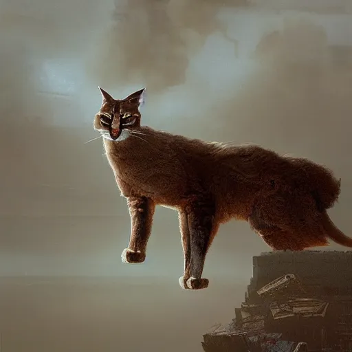 Prompt: giant cute fluffy caracal floating in the sky above the port was the color of television tuned to a dead channel, neuromancer, painted by greg rutkowski, painted by igor kieryluk, high detail, dramatic light, digital art, trending on artstation