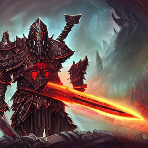 Image similar to Ares with heavy armor and sword, dark sword in Ares's hand, war theme, bloodbath battlefield, fiery battle coloring, hearthstone art style, epic fantasy style art, fantasy epic digital art, epic fantasy card game art