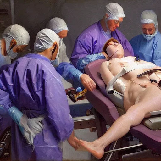 Image similar to by wlop 4 k resolution, blue - violet curvaceous. a beautiful photograph of a team of surgeons gathered around a patient on an operating table, with one surgeon in the process of cutting into the patient's chest. the photograph is full of intense colors & brushstrokes, conveying the urgency & intensity of the surgery.