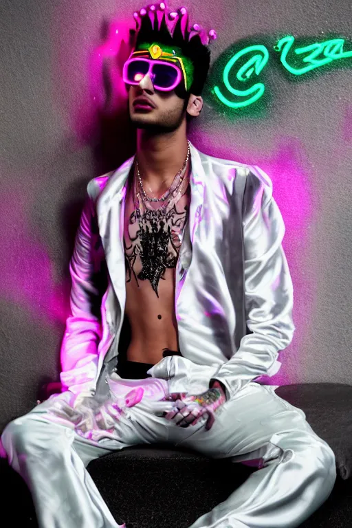 Prompt: full-body rococo and cyberpunk style neon statue of a young attractive Zayn Malik wearing cholo shades macho dotado e rico android sim roupa reclining con las piernas abertas e la piroca dura, ethereal white dripping tar, glowing white lasers, pink tigers, glowing eyes, silver prince crown, black gears, pink diamonds, swirling mint-colored silk fabric. futuristic elements. full-length view. human skulls. large intricate artwork by caravaggio. Trending on artstation, octane render, cinematic lighting from the right, hyper realism, octane render, 8k, depth of field, 3D