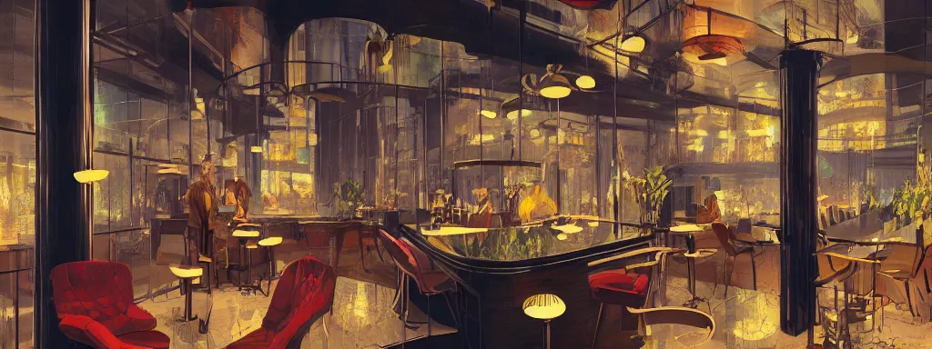 Image similar to concept art, retro - futurist speakeasy, reflections, night lighting, designer furniture, high ceiling, 6 0 s colour palette, plants, flowers, floor lamps, multi - level, soft lighting, city view, bladerunner, james jean, syd mead, akihiko yoshida, cinematic