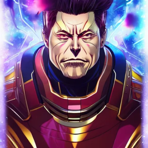 Image similar to anime portrait of elon musk as thanos as an anime antagonist by Stanley Artgerm Lau, WLOP, Rossdraws, James Jean, Andrei Riabovitchev, Marc Simonetti, and Sakimichan, trending on artstation